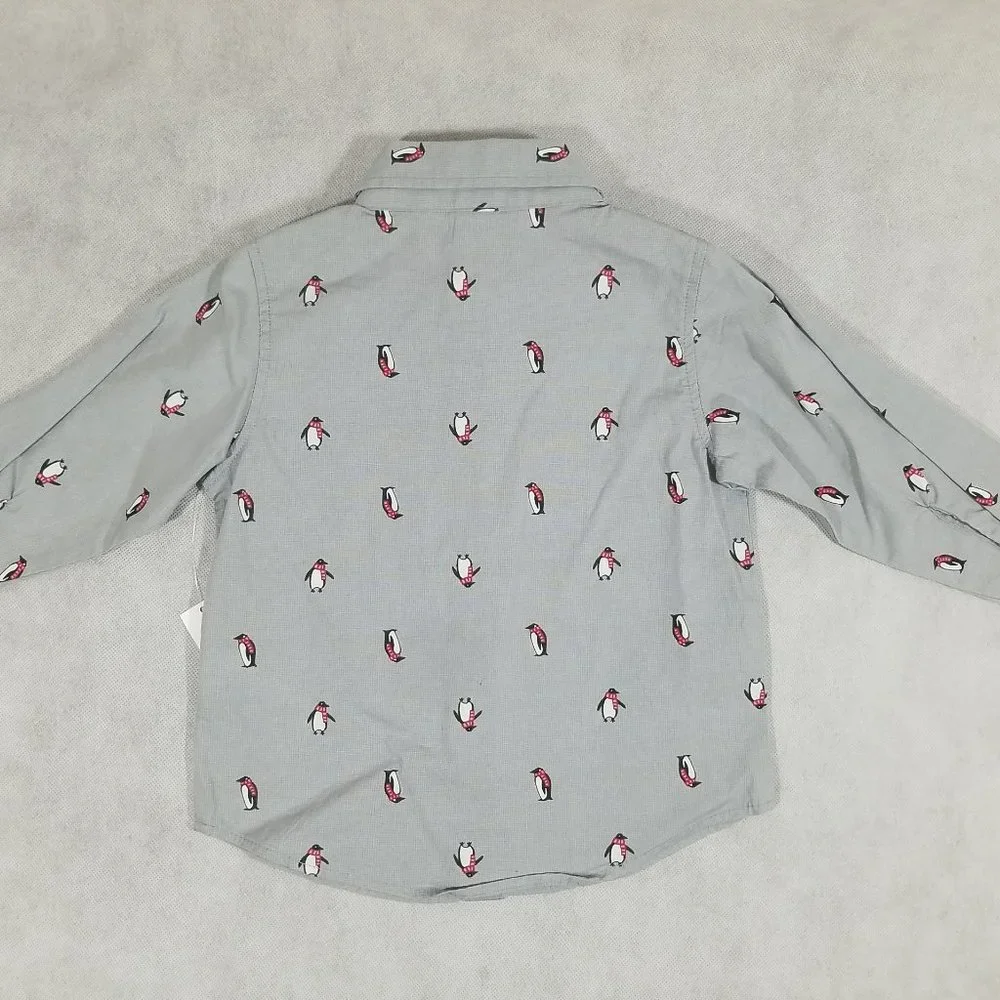 Old Navy‎ Button Down Shirt Gray Penguin Print and Bow Tie Boys Size 12-18 mo